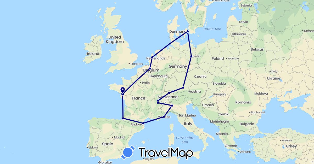 TravelMap itinerary: driving in Belgium, Switzerland, Germany, Denmark, France, Italy, Monaco, Netherlands (Europe)